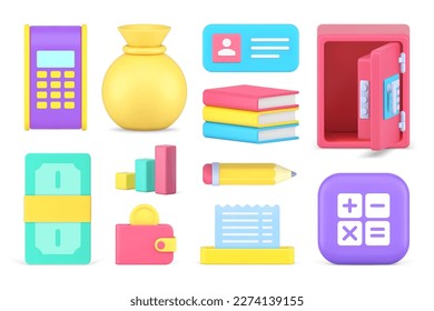 Financial Payment Banking Learning Analysis Set 3d Icon realistische Vektorgrafik. Bargeld der Gewerblichen Wirtschaft in Dollar, die Spareinlagen einsparen Rechnung für personenbezogene Daten