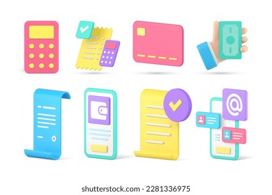 Financial payment internet banking accounting e money transaction smartphone app set 3d icon realistic vector illustration. Commercial success paying bill invoice accounting digital wallet calculation