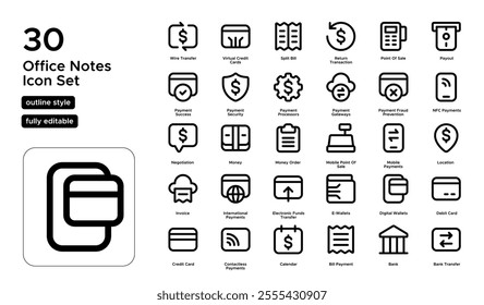 Financial and Payment Line Icon Set: Billing, Invoices, Transactions, and Money Management Icons