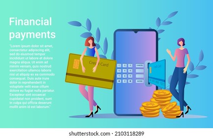 Financial payments.People use smartphones and credit cards to send money..Flat vector illustration.