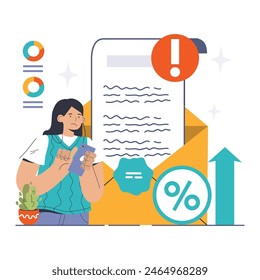 Financial Penalty concept. Worried woman reviewing a late fee notification on a mobile device with interest rate icons. Debt, penalties. Flat vector illustration