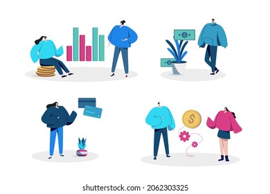 Financial people managing money, investments and financial advisor flat illustrations