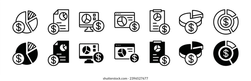 Financial percentage icon set. Percent icon sign. Pie chart, financial statistical data, database, survey, prediction, presentation, analysis. For apps and websites. Vector illustration