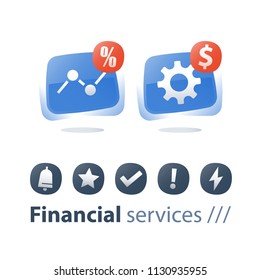 Financial performance report, money work, investment strategy, revenue increase, finance technology, accountancy and budgeting, fund growth, business solutions, stock market concept flat icons set