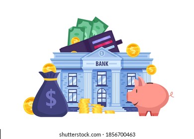 Concepto de vector presupuestario financiero o personal con construcción bancaria, cartera, banco de cerdos, monedas, billetes de dólares. Ilustración de caricaturas sobre inversión de capital o ahorro de dinero.Clipacto financiero con fachada de banco azul