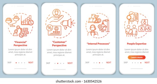 Financial perspective onboarding mobile app page screen with concepts. Targeting and economy. Marketing walkthrough 4 steps graphic instructions. UI vector template with RGB color illustrations