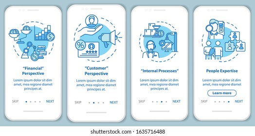 Financial perspective onboarding mobile app page screen with concepts. Acquiring potential clientele. Marketing walkthrough 4 steps graphic instructions. UI vector template with RGB color illustration