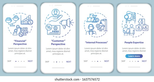 Financial perspective onboarding mobile app page screen with concepts. Human resources. Marketing walkthrough 4 steps graphic instructions. UI vector template with RGB color illustrations