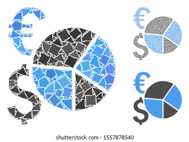 Financial pie chart composition of abrupt elements in various sizes and color tones, based on financial pie chart icon. Vector inequal elements are organized into composition.