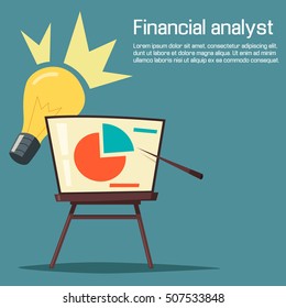Financial pie chart or graphic on board with bright lamp for business idea. Business plan or financial statistics, analysis of finance segments and business chart or diagrams, graph or solution theme