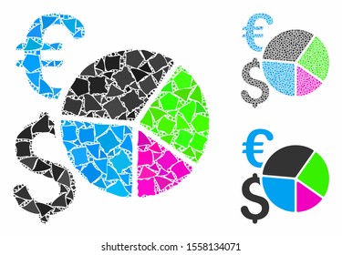 Financial pie chart mosaic of joggly parts in various sizes and color tinges, based on financial pie chart icon. Vector trembly parts are combined into collage.