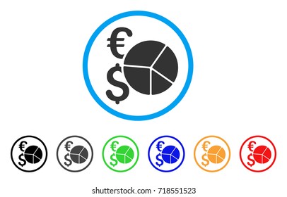Financial Pie Chart rounded icon. Style is a flat financial pie chart gray symbol inside light blue circle with black, gray, green, blue, red, orange variants.