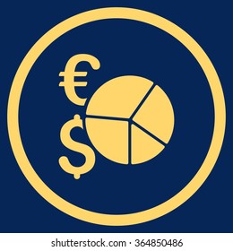 Financial Pie Chart vector icon. Style is flat circled symbol, yellow color, rounded angles, blue background.