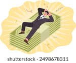 Financial pillow allows man to avoid unnecessary stress and risk, and lie on large wad of money. Financial cushion in case of crisis in economy or financial recession from happy clerk