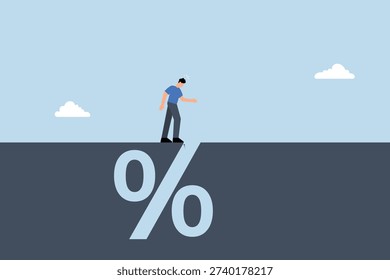Financial pitfall, Cautious entrepreneur examining the bottomless pit of banking interest rates