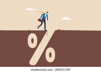 Financial pitfall, mistake or failure, mortgage, loan or debt trap or risk management, investment profit and loss concept, careful businessman looking into deep hole of banking percentage sign pit.