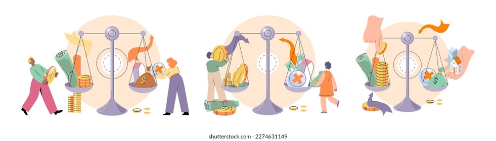 Financial plan or budget planning. Yearly expense management, deposits, tax payments. Person analyzes profit weighing earnings on scales, income and expenses money. Banking safety, profit increase