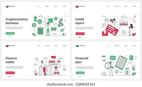 Financial plan, business report and transaction from electronic wallet set vector illustration. Cartoon tiny people pay online from credit card, study finance chart results with magnifying glass