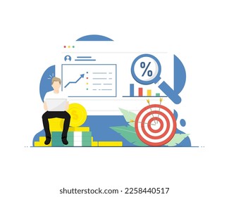 Financial plan concept, Human sitting with money cash, Digital marketing illustration.
