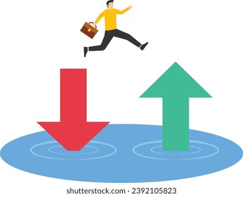 Financial Plan concept, saving and investment or stock market rebound and economic recovery concept, businessman investor confidence jumping from red arrow pointing to green.

