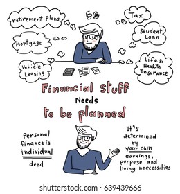 Financial plan concept with stressed man thinking over his mortgage, tax, student loan, vehicle leasing, insurance, retirement plan and the same man smiling and giving personal financial advice.