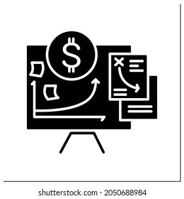 Icono de glifo de plan financiero. Presentación de la planificación de costos del proyecto. Presupuesto, análisis de finanzas, estadísticas económicas y planificación de proyectos empresariales.Firma plana rellenada. Ilustración vectorial de silueta aislada