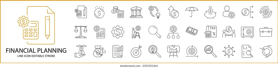 Financial Plan icon Set in Line Style. Financial Plan icons. Vector Illustration. Editable Stroke.