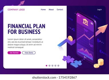 Financial plan isometric landing page. Mobile phone application with growing bonds investment graphic or chart. Business marketing company strategy and planning, finance analytic, 3d vector web banner