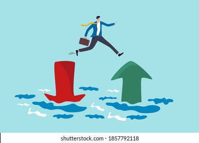 Financial Plan, Saving And Investment Or Stock Market Rebound And Economic Recover Concept, Confidence Businessman Investor Jump From Red Pointing Down Arrow To Green Rising Up.