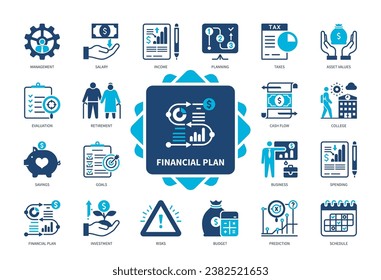 Financial Plan set icon set. Goals, Cash Flow, Investment, Income, Planning, Savings, Management, Asset Values. Duotone color solid icons