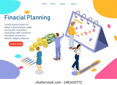 Financial Planing. Teamwork concept. Planing calendar, checklist. Professionals plan for profitable articles. Office routine, everyone tries to make it to the deadline. 
Vector illustration. Isometric