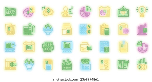 Financial planner icons set outline vector. Money account. Business budget neon color on black
