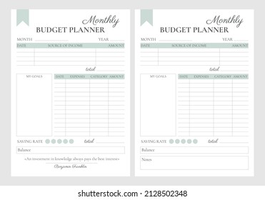 Finanzielle Planer Seite Vektorvorlagen. Budget für den Monat. Minimalistische strenge Gestaltung mit einem Angebot oder Noten