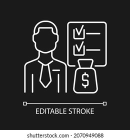 Financial planner white linear icon for dark theme. Qualified investment professional. Thin line customizable illustration. Isolated vector contour symbol for night mode. Editable stroke