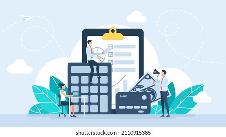 Financial planning. Accounting and auditing. Efficient use of resources. Bill payment abstract metaphor, tax credit, bank account. Flat tiny characters. Abstract business concept illustration set.