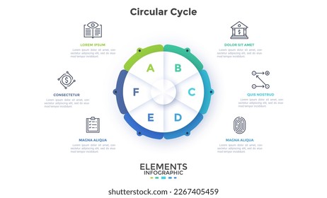 Financial planning and analytics circle infographic design template. Comparison of different processes in business. Commerce research. Circular cycle piechart with 6 segments. Visual data presentation
