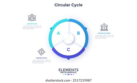 Financial planning and analytics circle infographic design template. Comparison of different processes in business. Commerce research. Circular cycle piechart with 3 segments. Visual data presentation
