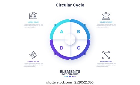 Modelo de design de infográfico de círculo de planejamento financeiro e análise. Comparação de diferentes processos nos negócios. Pesquisa comercial. Gráfico de peças circular com 4 segmentos. Apresentação de dados visuais