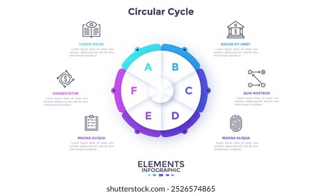 Financial planning and analytics circle infographic design template. Comparison of different processes in business. Commerce research. Circular cycle piechart with 6 segments. Visual data presentation