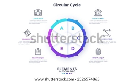 Financial planning and analytics circle infographic design template. Comparison of different processes in business. Commerce research. Circular cycle piechart with 6 segments. Visual data presentation
