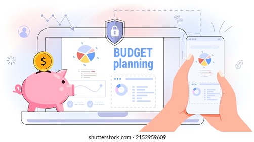 Financial planning app for earnings and expenses control Budget planning Cost optimization Budget management in mobile app Synchroniz computer Vector illustration flat Concept finance accounting Tax