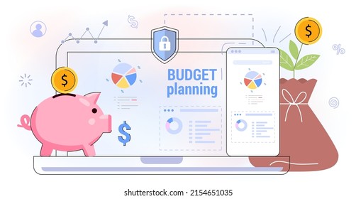 Financial planning app for earnings and expenses control Budget planning Cost optimization Budget management in mobile app Synchroniz computer Vector illustration flat Concept finance accounting Tax