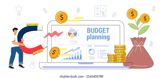 Financial planning app for earnings and expenses control Budget planning Cost optimization Budget management in mobile app Synchroniz computer Vector illustration flat Concept finance accounting Tax