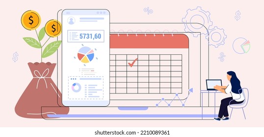 Financial planning app for earnings and expenses control Budget planning Cost optimization Budget management in mobile app Synchroniz computer Vector illustration flat Concept finance accounting. Tax