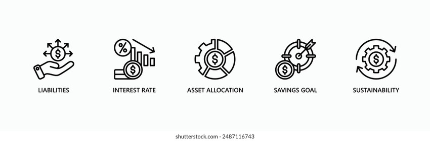 Financial Planning Banner Web Icon Vektorillustration Concept with Icon of Liabilities, Interest Rate, Asset Allocation, Savings Goal, Sustainability