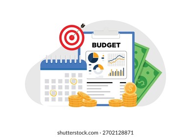 Finanzplanung und Haushaltsberechnung. Geschäftsstrategie für Rechnungslegung, Investitionen und Finanzmanagement. Flache Vektorgrafik.