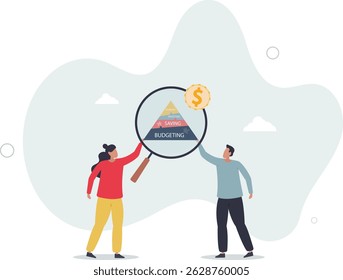 Financial planning with budgeting, saving, investing and retirement levels on labeled pyramid . character life .