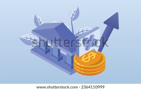Financial planning. Character working in central bank and conduct monetary policy to control interest rate and reduce inflation.on blue background.isometric Vector Design Illustration.