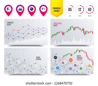 Financial planning charts. Diagram graph Pie chart icon. Presentation billboard symbol. Man standing with pointer sign. Cryptocurrency stock market graphs icons. Trendy design. Vector