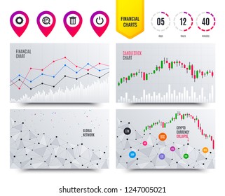 Financial planning charts. Globe magnifier glass and cogwheel gear icons. Recycle bin delete and power sign symbols. Cryptocurrency stock market graphs icons. Trendy design. Vector